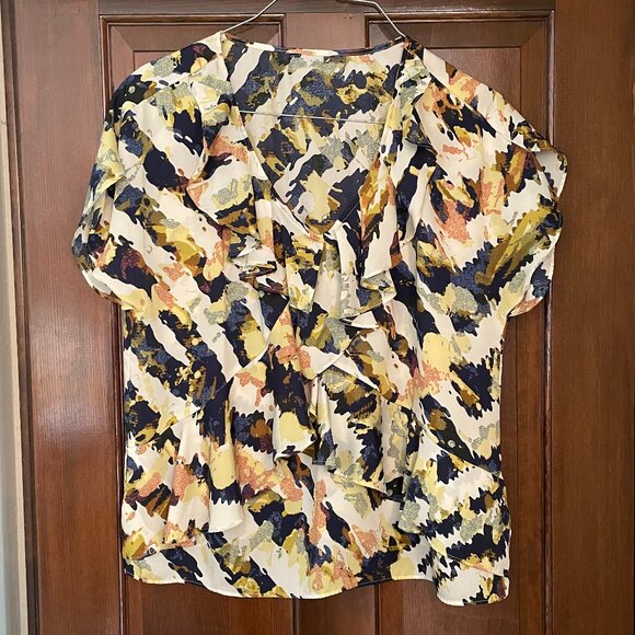 Size XL Daisy Fuentes blue yellow white blouse with ruffles - Picture 1 of 10